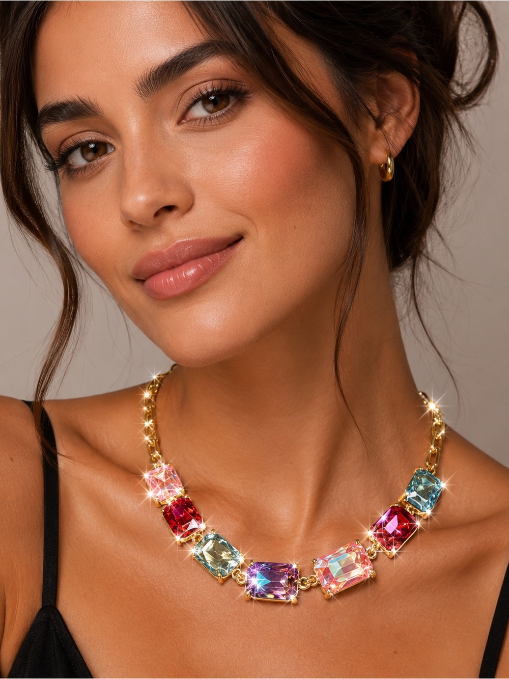 18K Gold Plated Multicolor Rectangle Crystal Glass Linked Chain Necklace